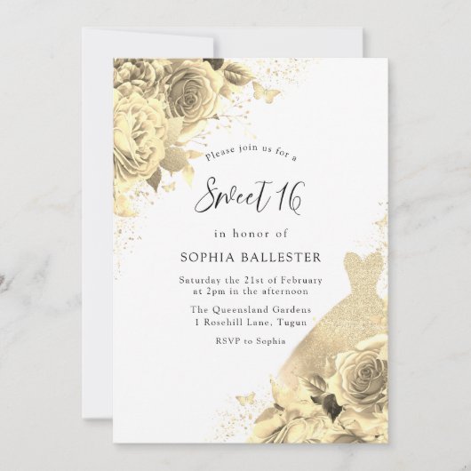 Invitation Robe et fleurs dorées Douce 16 Partie (Devant)
