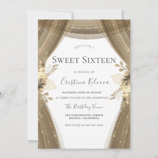 Invitation Robe et fleurs dorées Douce 16 Partie (Dos)