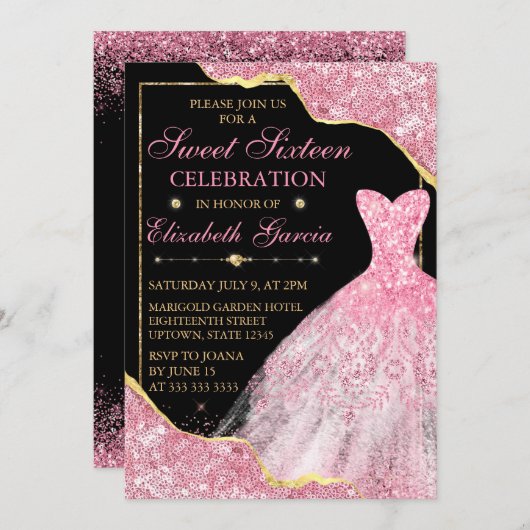 Invitation Robe et Parties scintillant rose Aquarelle Bord gl (Devant / Derrière)