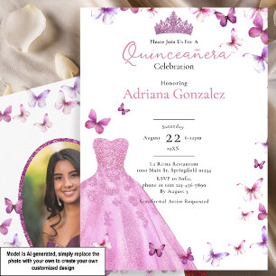 Invitation Robe et Tiare Papillons Roses Photo Quinceanera