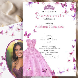 Invitation Robe et Tiare Papillons Roses Photo Quinceanera