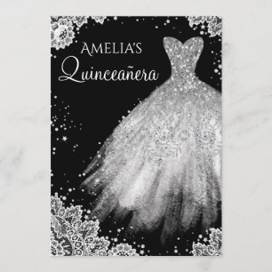 Invitation Robe étincelante blanc dentelle noire Quinceanera