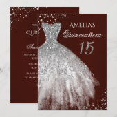 Invitation Robe étincelante Bourgogne Silver Quinceanera (Devant / Derrière)