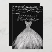 Invitation Robe étincelante Diamant Noir & Argent Douce 16 (Devant / Derrière)