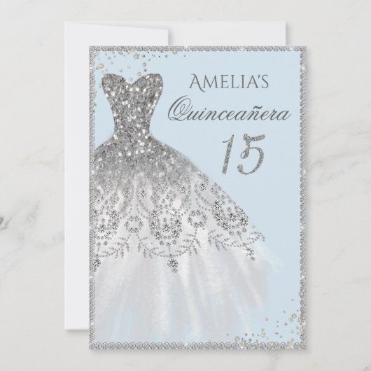 Invitation Robe étincelante Silver Blue Quinceanera Invitatio (Devant)