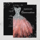 Invitation Robe étincelante Silver rose Quinceanera Invitatio (Devant / Derrière)