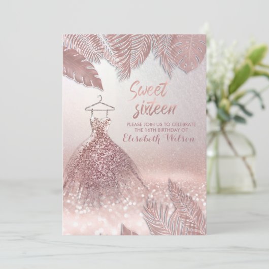 Invitation Robe feuille chic Rose or gliterie (Debout devant)