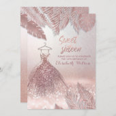 Invitation Robe feuille chic Rose or gliterie (Devant / Derrière)