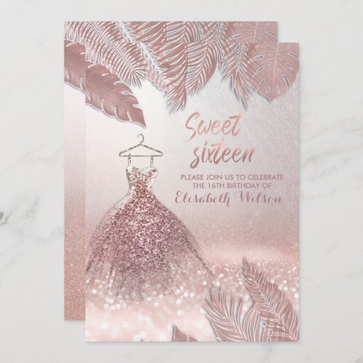 Invitation Robe feuille chic Rose or gliterie (Devant / Derrière)