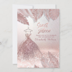 Invitation Robe feuille chic Rose or gliterie