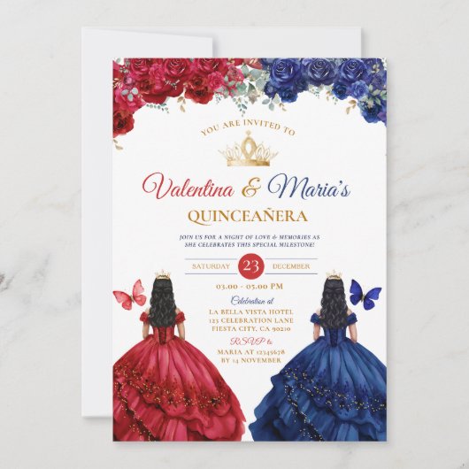 Invitation Robe fille jumelle Quinceañera 15 Anos Fleurs Or (Devant)