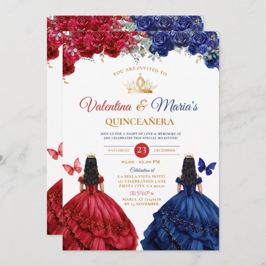 Invitation Robe fille jumelle Quinceañera 15 Anos Fleurs Or (Devant / Derrière)