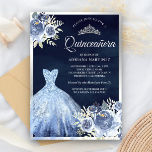 Invitation Robe Fleurie Bleu Pastel Quinceanera Argent Navy