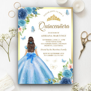 Invitation Robe Fleurie Bleue Douce Papillon Or Quinceanera