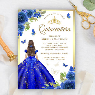 Invitation Robe Fleurie Bleue Royale Papillon Quinceanera