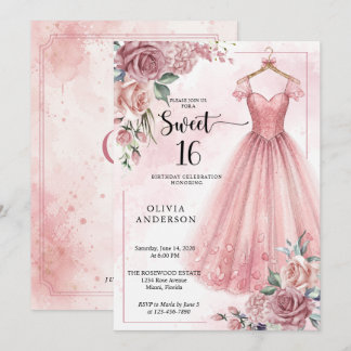Invitation Robe Fleurie Rose Poudré pour Sweet 16