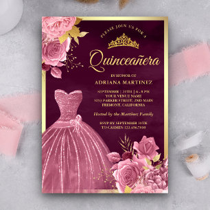 Invitation Robe Fleurie Rose Poussiéreuse Quinceanera Or Abri