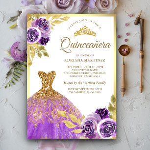 Invitation Robe Fleurie Violette Brillante Quinceanera Or