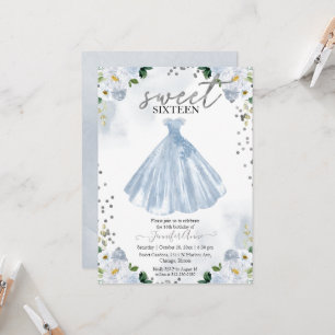 Invitation Robe Fleurs Aquarelle Bleue Sweet 16