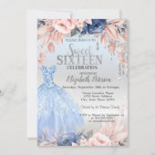 Invitation Robe Fleurs Bleues Paillettes Argentées Sweet 16  (Devant)