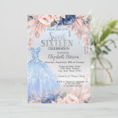Invitation Robe Fleurs Bleues Paillettes Argentées Sweet 16  (Debout devant)