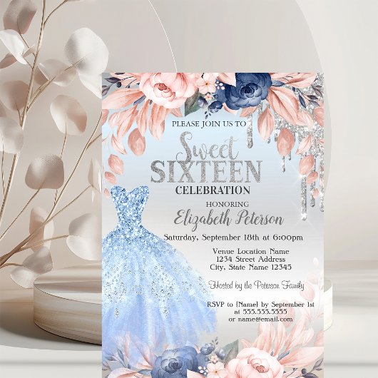 Invitation Robe Fleurs Bleues Paillettes Argentées Sweet 16 