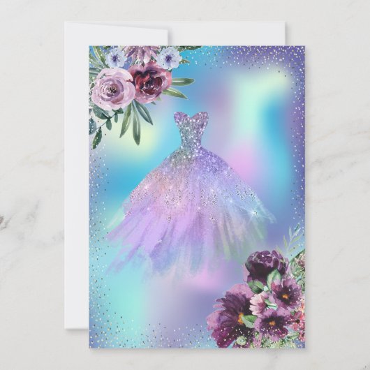 Invitation Robe, Fleurs violettes Holographique Quinceañera (Dos)