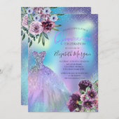 Invitation Robe, Fleurs violettes Holographique Quinceañera (Devant / Derrière)