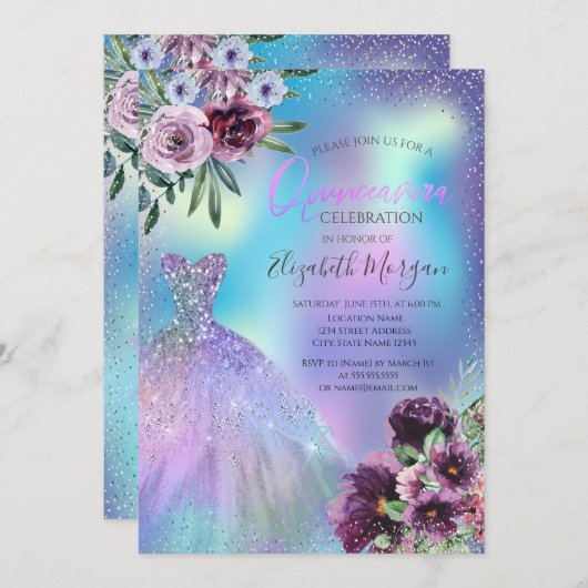 Invitation Robe, Fleurs violettes Holographique Quinceañera (Devant / Derrière)