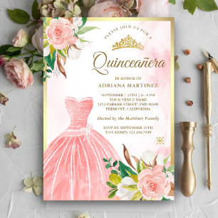 Invitation Robe florale aquarelle rose carmin Quinceanera or