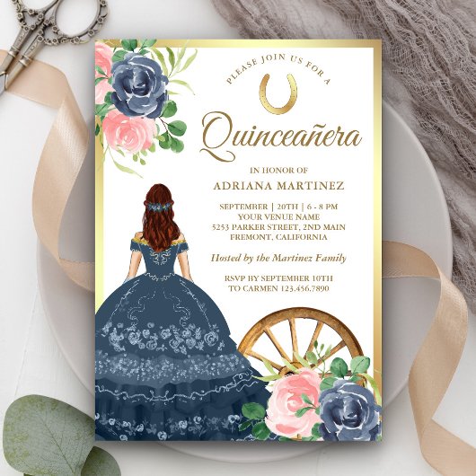 Invitation Robe florale bleu marine Charro Gold Quinceanera