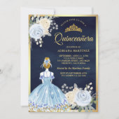 Invitation Robe florale bleu Pastel Marine or Quinceanera (Devant)