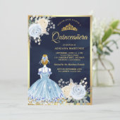 Invitation Robe florale bleu Pastel Marine or Quinceanera (Debout devant)