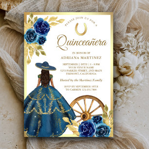 Invitation Robe Florale Bleue Charro Western Gold Quinceanera
