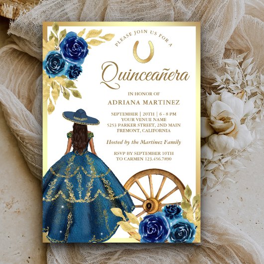 Invitation Robe Florale Bleue Charro Western Gold Quinceanera