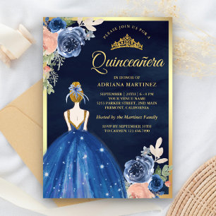 Invitation Robe Florale Bleue Royal Marine Gold Quinceanera