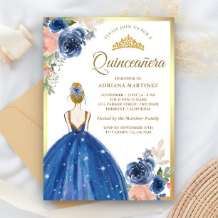 Invitation Robe Florale Bleue Royale Princesse Gold Quinceane