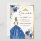 Invitation Robe Florale Bleue Royale Princesse Gold Quinceane (Devant)