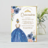 Invitation Robe Florale Bleue Royale Princesse Gold Quinceane (Debout devant)