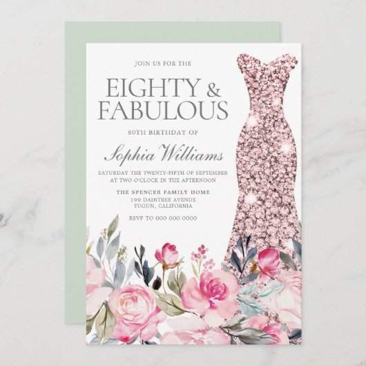 Invitation Robe florale Blush 80 et fabuleux 80e anniversaire (Devant / Derrière)