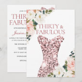 Invitation Robe florale Blush Rose Gold Sparkle 30e anniversa (Devant / Derrière)