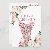 Invitation Robe florale Blush Rose Gold Sparkle 40e anniversa (Devant / Derrière)