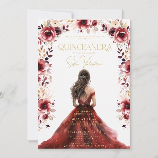 Invitation Robe Florale Bourgogne Gown Floral Quinceañera (Devant)