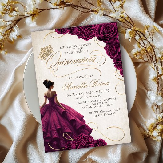 Invitation Robe Florale Bourgogne Quinceañera