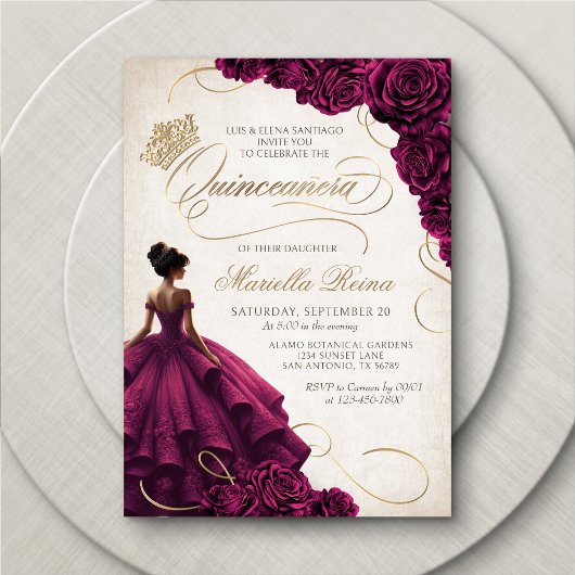 Invitation Robe Florale Bourgogne Quinceañera