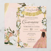 Invitation Robe florale Charro or blanc bleu Quinceanera I (Devant / Derrière)
