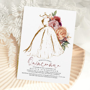 Invitation Robe Florale d'or Quinceañera 15e anniversaire