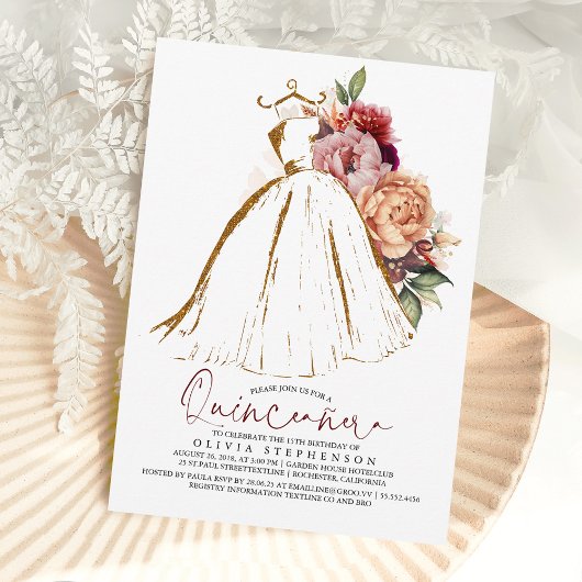 Invitation Robe Florale d'or Quinceañera 15e anniversaire