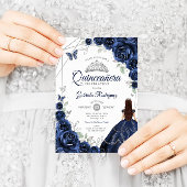 Invitation Robe florale en argent bleu Quinceanera Navy