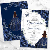 Invitation Robe florale en argent bleu Quinceanera Navy